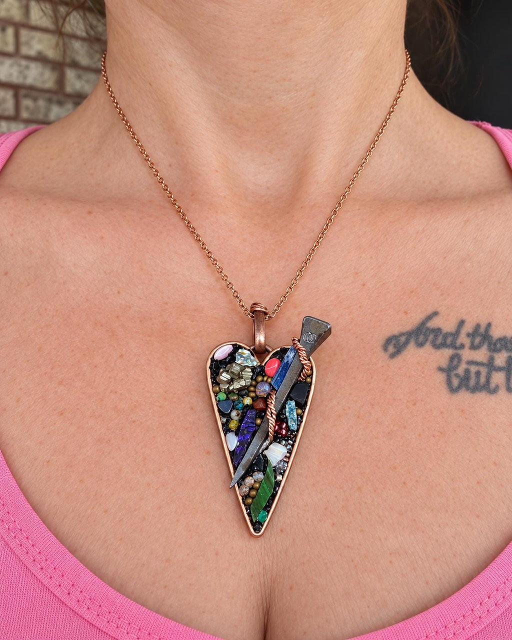 RESURGENT Survivor’s Trophy Necklace, Handmade Copper Heart Pendant, Nail Jewelry, Micromosaic Shard Necklace