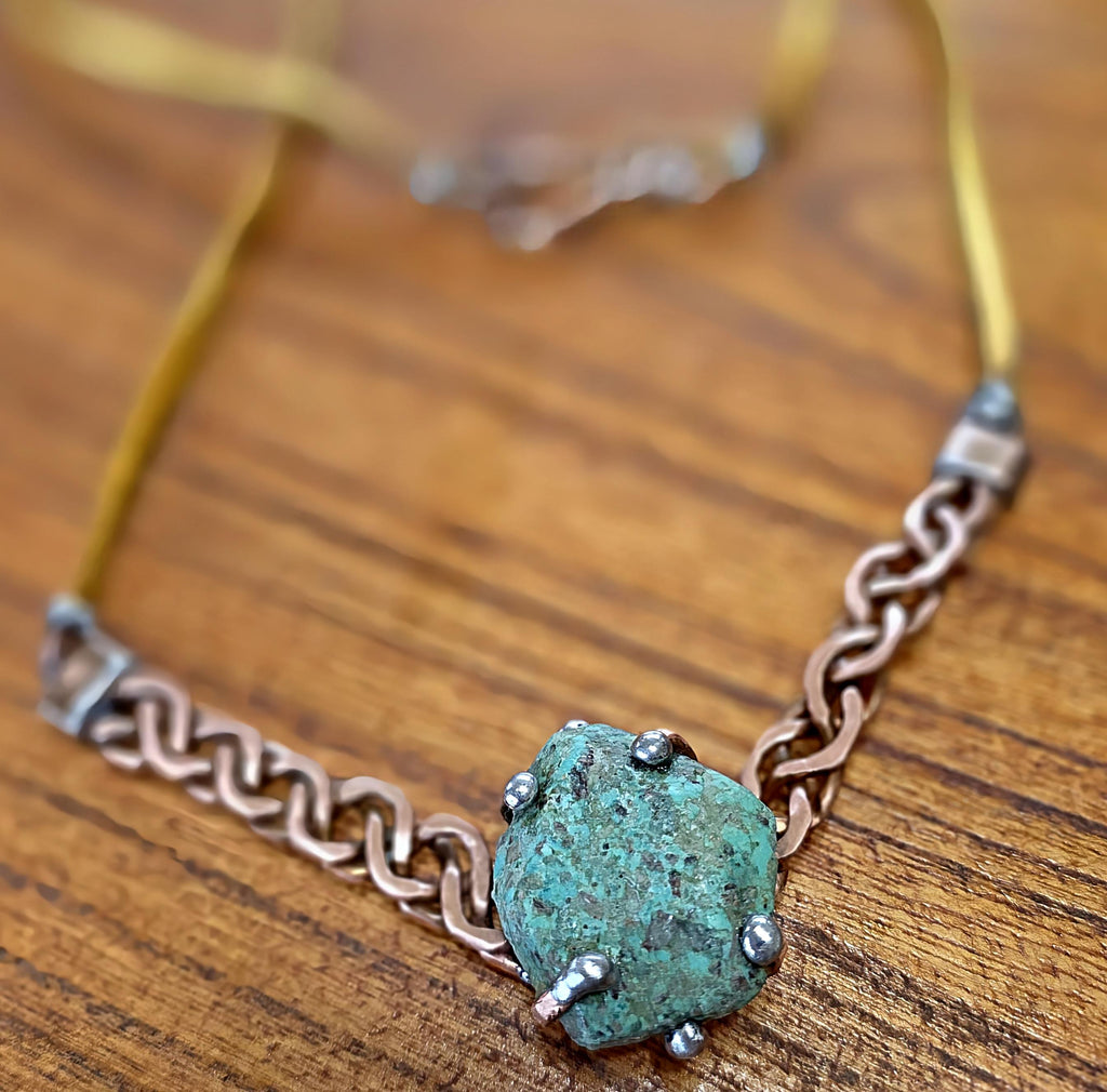 Just Me Rooted Necklace, Raw Turquoise Statement Necklace, Handmade Copper Chain Jewelry, Rustic Mixed Metal Artisan Necklace
