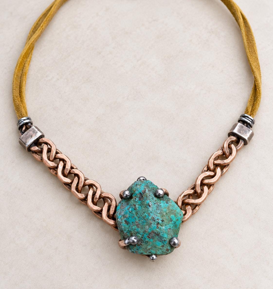 Just Me Rooted Necklace, Raw Turquoise Statement Necklace, Handmade Copper Chain Jewelry, Rustic Mixed Metal Artisan Necklace