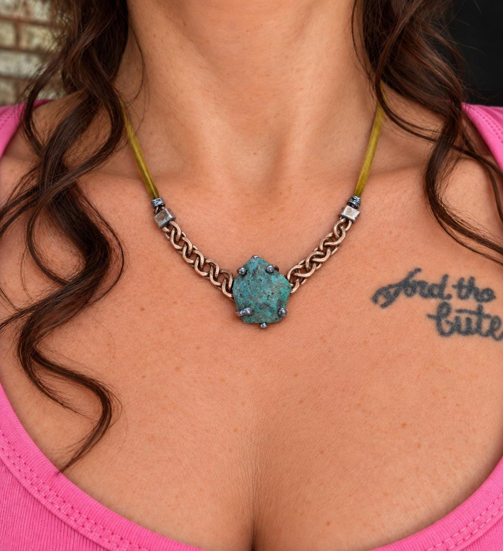 Just Me Rooted Necklace, Raw Turquoise Statement Necklace, Handmade Copper Chain Jewelry, Rustic Mixed Metal Artisan Necklace
