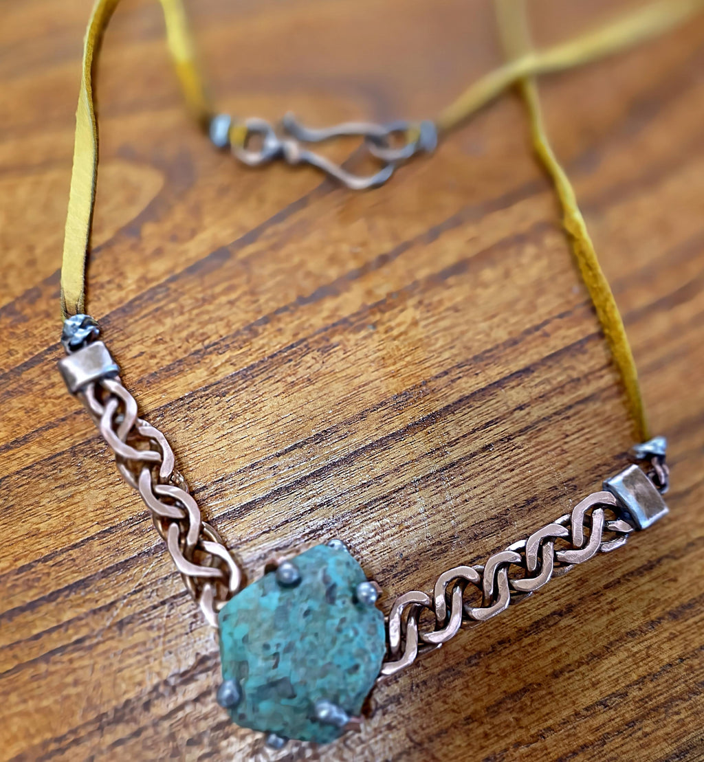 Just Me Rooted Necklace, Raw Turquoise Statement Necklace, Handmade Copper Chain Jewelry, Rustic Mixed Metal Artisan Necklace
