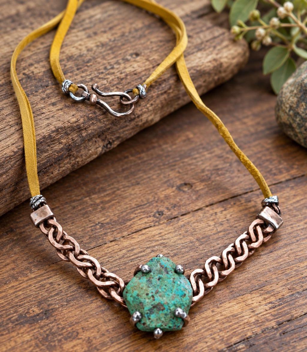 Just Me Rooted Necklace, Raw Turquoise Statement Necklace, Handmade Copper Chain Jewelry, Rustic Mixed Metal Artisan Necklace