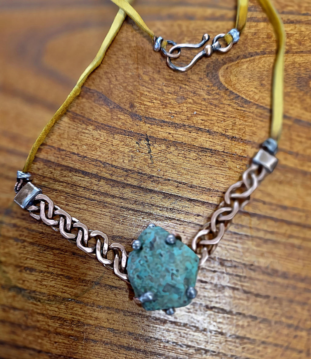 Just Me Rooted Necklace, Raw Turquoise Statement Necklace, Handmade Copper Chain Jewelry, Rustic Mixed Metal Artisan Necklace