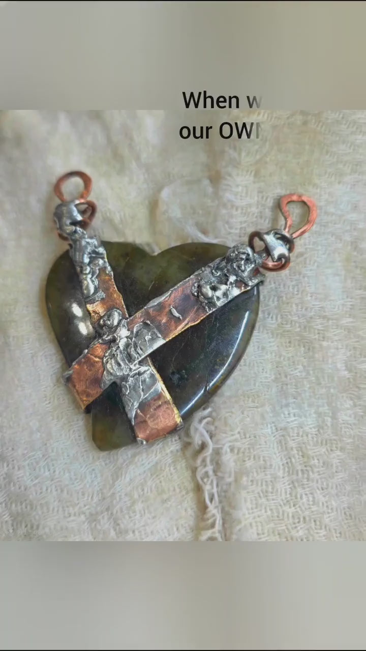 Bound Heart Necklace – Rustic Claw-Set Stone Pendant, Handmade Mixed Metal Jewelry, Labradorite Heart Necklace| Unbroken Collection